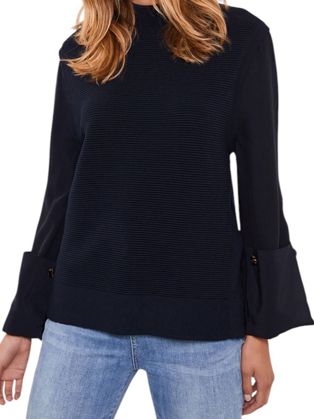 Mont Velvet Woven Sleeve Ottoman Sweater Navy Sz 4 (UK 8)